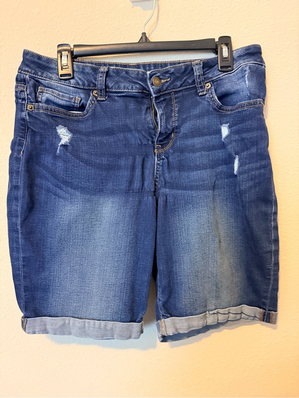 Time and Tru Women's Distressed Dark Blue Denim Bermuda Shorts